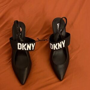 DKNY Black Pointed Slingback Heels with White Logo Strap